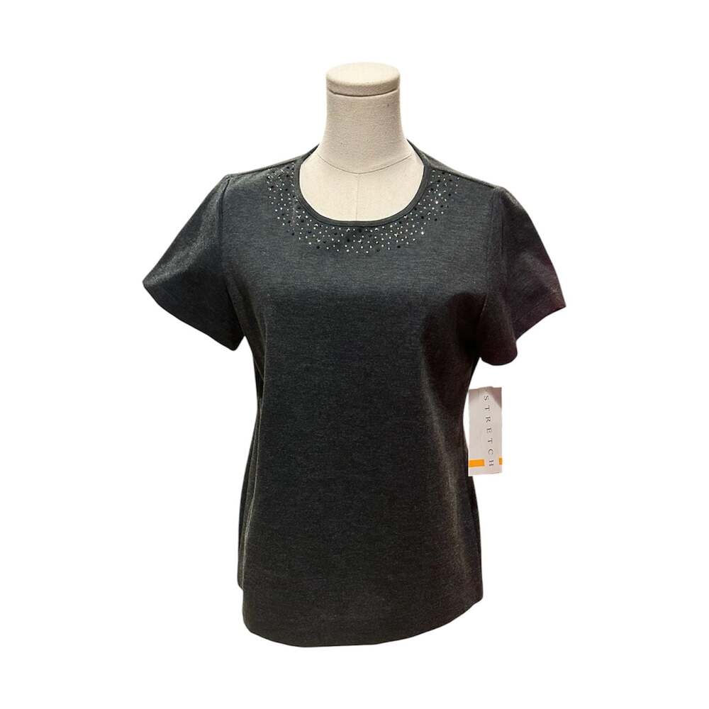 Alfred Dunner Charcoal Grey Embellished Short Sleeve Stretch Tee Women’s Size S